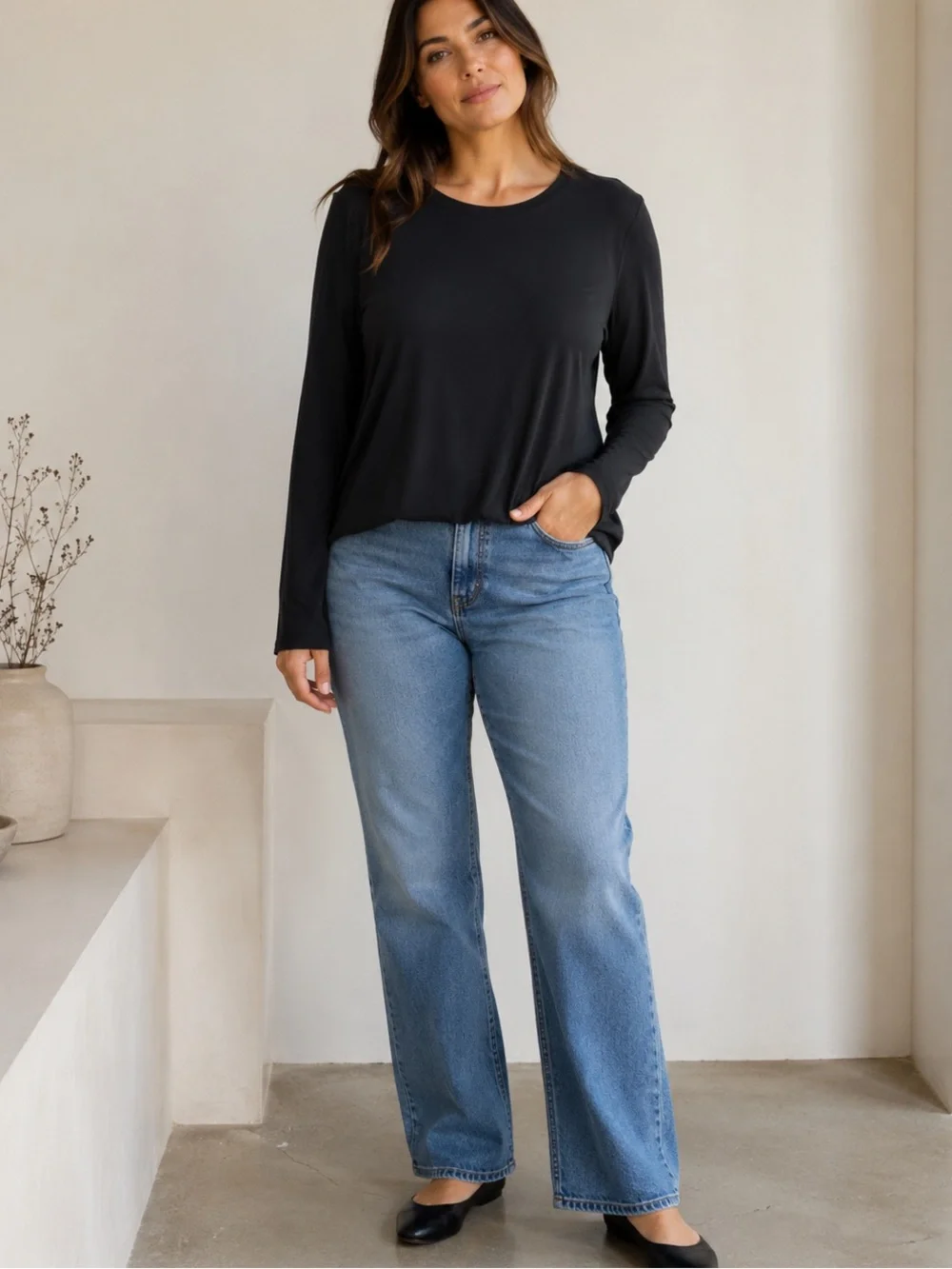 Eileen Fisher Black Minimalist Crew Neck Long Sleeve Blouse Size L